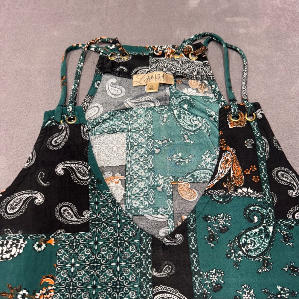 Lavish Green Black Patchwork paisley  print handkerchief hem cami Tank Top XL - Picture 6 of 8